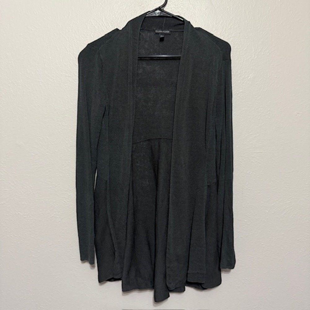 Eileen Fisher Open Front Cardigan Mesh Italian Yarn Charcoal Gray Medium